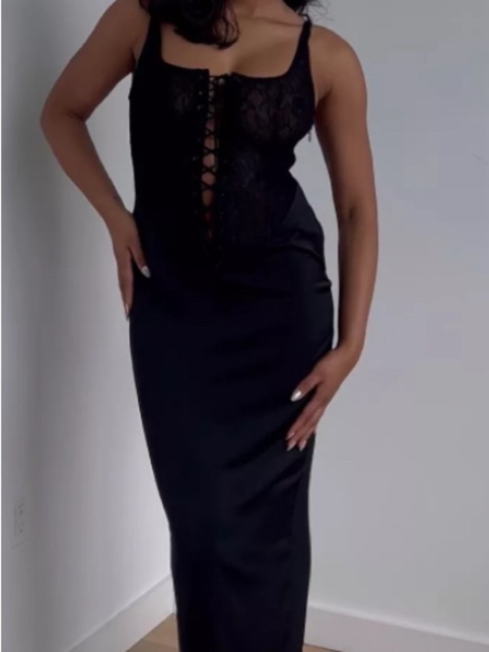 Meshki Black Lace-Up Maxi Dress